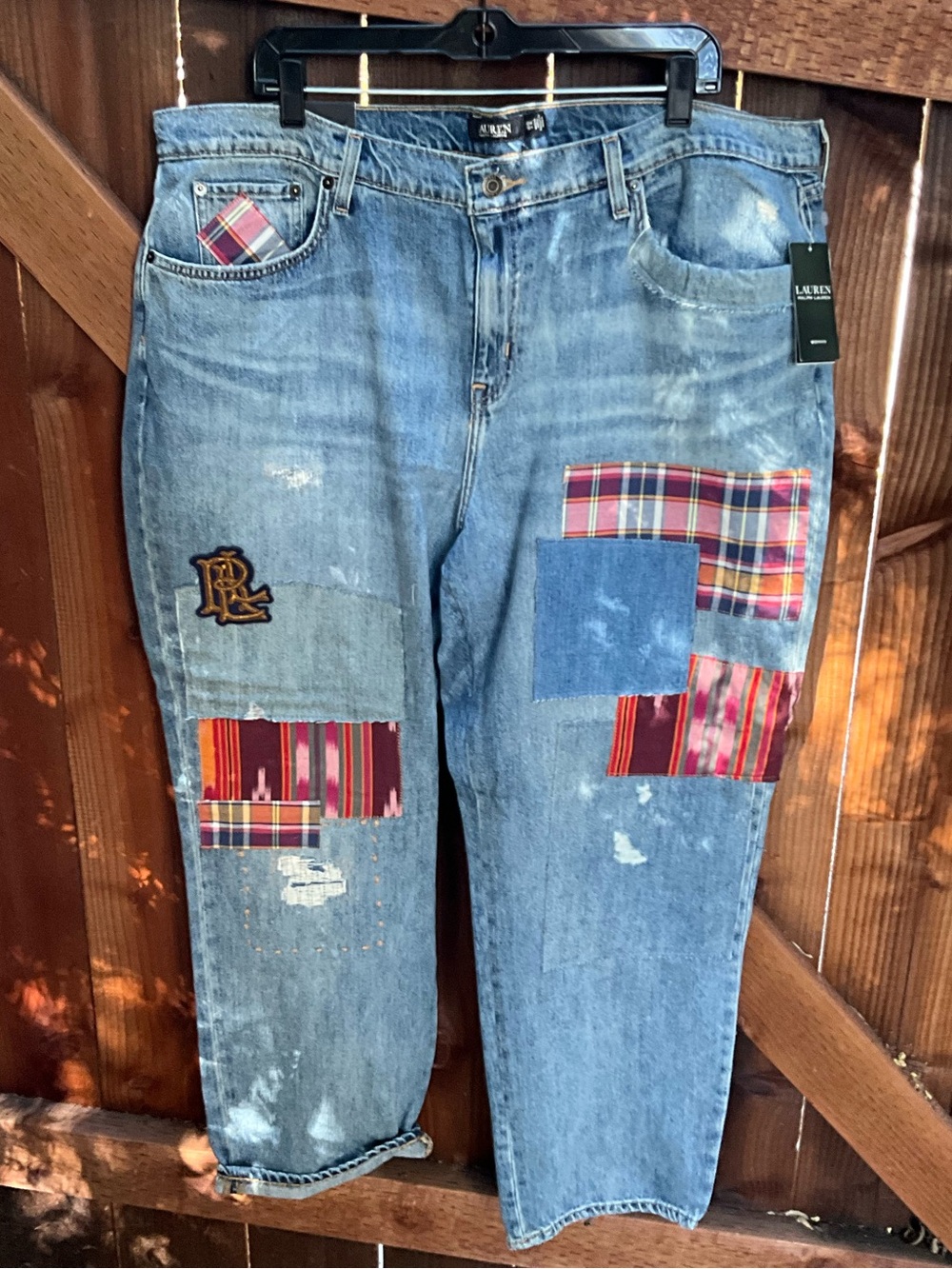 Lauren Ralph Lauren Light Blue Denim Patchwork Jeans with Red Plaid Accents